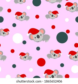 Seamless pattern with koala babies in red Christmas hats lying and smiling. Pink background. White, red and tidewater green confetti. Post cards, scrapbooking, textile, wallpaper and wrapping paper