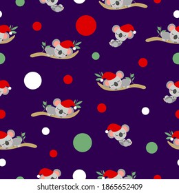 Seamless pattern with koala babies in red Christmas hats sleeping on eucalyptus branches. Violet background. White, red and green confetti. Post cards, textile, wallpaper and wrapping paper