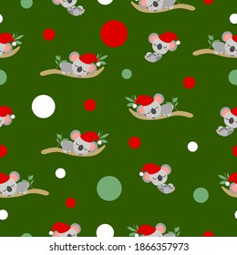 Seamless pattern with koala babies in red Christmas hats sleeping on eucalyptus branches. Green background. White, red and green confetti. Post cards, textile, wallpaper and wrapping paper