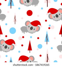 Seamless pattern with koala babies in red Christmas hats lying and smiling. Fir trees. White background. Pink, red and blue confetti. Post cards, scrapbooking, textile, wallpaper, wrapping paper