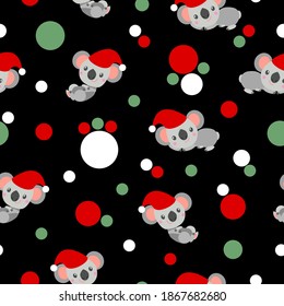 Seamless pattern with koala babies in red Christmas hats lying and smiling. Black background. White, red and green confetti. Post cards, scrapbooking, textile, wallpaper and wrapping paper