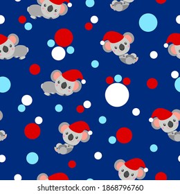 Seamless pattern with koala babies in red Christmas hats lying and smiling. Classic blue background. Pink, red and pastel blue confetti. Post cards, scrapbooking, textile, wallpaper and wrapping paper