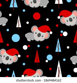 Seamless pattern with koala babies in red Christmas hats lying and smiling. Fir trees. Black background. White, red and blue confetti. Post cards, scrapbooking, textile, wallpaper, wrapping paper