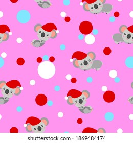 Seamless pattern with koala babies in red Christmas hats lying and smiling. Pink background. White, red and pastel blue confetti. Post cards, scrapbooking, textile, wallpaper and wrapping paper