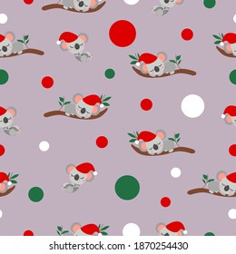 Seamless pattern with koala babies in red Christmas hats sleeping on eucalyptus branches. Purple gray background. White, red and green confetti. Post cards, textile, wallpaper and wrapping paper