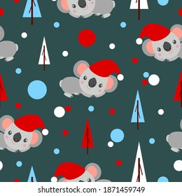 Seamless pattern with koala babies in red Christmas hats lying and smiling. Fir trees. Green background. White, red and blue confetti. Post cards, scrapbooking, textile, wallpaper, wrapping paper