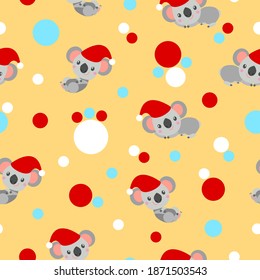 Seamless pattern with koala babies in red Christmas hats lying and smiling. Yellow background. White, red and pastel blue confetti. Post cards, scrapbooking, textile, wallpaper and wrapping paper