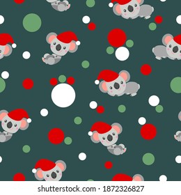 Seamless pattern with koala babies in red Christmas hats lying and smiling. Tidewater Green background. Pink, red and green confetti. Post cards, scrapbooking, textile, wallpaper and wrapping paper