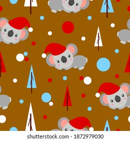 Seamless pattern with koala babies in red Christmas hats lying and smiling. Fir trees. Brown background. White, red and blue confetti. Post cards, scrapbooking, textile, wallpaper, wrapping paper
