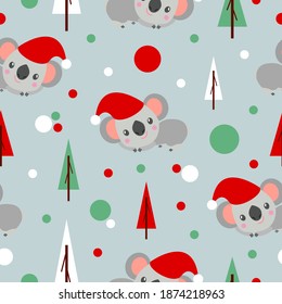 Seamless pattern with koala babies in red Christmas hats lying and smiling. Fir trees. Gray background. White, red and green confetti. Post cards, scrapbooking, textile, wallpaper, wrapping paper
