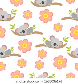 Patrón sin inconvenientes con bebés koala durmiendo en ramas de eucalipto y flores rosas. Ornamento floral. Diseño plano. Estilo de caricatura. Cítrico y divertido. Para los niños, papel pintado y papel para envolver