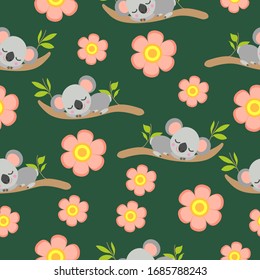 Seamless pattern with koala babies sleeping on eucalyptus branches and pink flowers. Green background. Flat design. Cartoon style. Cute and funny. For kids textile, wallpaper and wrapping paper