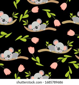 Nahtloses Muster mit koala Babys, die auf Eukalyptusästen und rosafarbenen Tulpen schlafen.Schwarzer Hintergrund. Flaches Design. Cartoon-Stil. Frisch und lustig. Für Kinder: Textilien, Tapeten und Packpapier