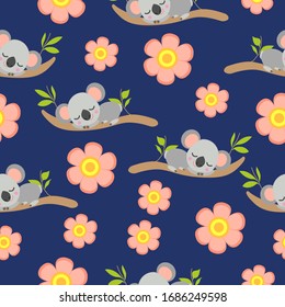 Seamless pattern with koala babies sleeping on eucalyptus branches and pink flowers. Dark blue background. Flat design. Cartoon style. Cute and funny. For kids textile, wallpaper and wrapping paper