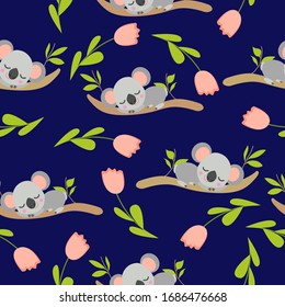 Patrón sin problemas con bebés koala durmiendo en ramas de eucalipto y tulipanes rosas. Fondo azul oscuro. Diseño plano. Estilo de caricatura. Cítrico y divertido. Para los niños, papel pintado y papel para envolver