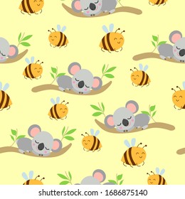 Seamless pattern with koala babies sleeping on eucalyptus branches and yellow bees. Yellow background. Flat design. Cartoon style. Cute and funny. For kids textile, wallpaper and wrapping paper