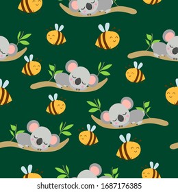 Seamless pattern with koala babies sleeping on eucalyptus branches and Yellow bees. Green background. Flat design. Cartoon style. Cute and funny. For kids textile, wallpaper and wrapping paper. Summer