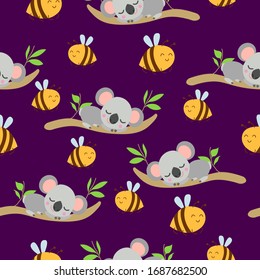 Seamless pattern with koala babies sleeping on eucalyptus branches and yellow bees. Purple background. Flat design. Cartoon style. Cute and funny. For kids textile, wallpaper and wrapping paper