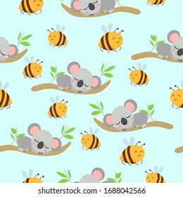 Seamless pattern with koala babies sleeping on eucalyptus branches and Yellow bees. Light blue background. Flat design. Cartoon style. Cute and funny. For kids textile, wallpaper and wrapping paper