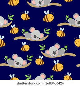 Seamless pattern with koala babies sleeping on eucalyptus branches and Yellow bees. Dark blue background. Flat design. Cartoon style. Cute and funny. For kids textile, wallpaper and wrapping paper