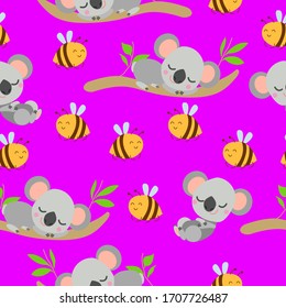 Seamless pattern with koala babies sleeping on eucalyptus branches and yellow bees. Pink background. Flat design. Cartoon style. Cute and funny. For kids textile, wallpaper and wrapping paper. Summer