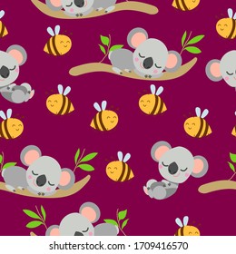 Seamless pattern with koala babies sleeping on eucalyptus branches and yellow bees. Red background. Flat design. Cartoon style. Cute and funny. For kids textile, wallpaper and wrapping paper. Summer