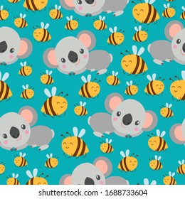 Nahtloses Muster mit Koala-Babys und gelben Bienen. Grüner Hintergrund. Blumenschmuck. с Artoon Stil. Frisch und lustig. Für Kinder Postkarten, Textilien, Tapeten und Verpackungspapier. Frühling und Sommer