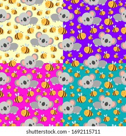 Patrón sin inconvenientes con los bebés koala y las abejas amarillas. Varios colores. Ornamento floral. Estilo de с plana. Cítrico y divertido. Para los niños postales, textil, papel pintado y papel de envoltura. Primavera y verano