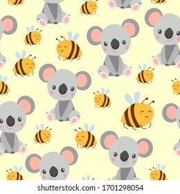 Seamless pattern with koala babies and yellow bees. Pastel yellow background. Flat cartoon style. Cute and funny. For children textile, scrapbooking, wallpaper and wrapping paper. Spring and summer