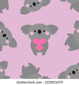 Seamless pattern. Koala bear holding pink heart. Cute cartoon funny baby character. Kawaii animal. Kids childish texture for fabric, wrapping paper, textile print. Flat design Purple background Vector
