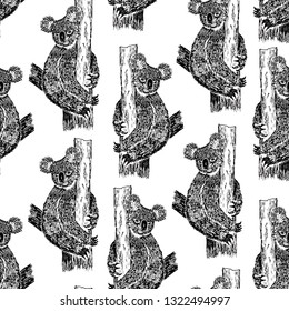 Seamless pattern with Koala black on white background. Endless texture for season design.Vector. Print for bed linens, fabric, textiles, wallpaper, greeting cards, wrapping paper, gift box
