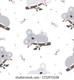 Seamless pattern koala a cartoon character perched on a branch and with a flower as a backdrop. Cute animal hand drawn background in child style. Vector illustration used for fabric, textiles