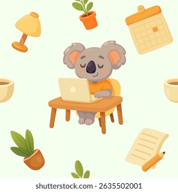 seamless pattern of koala at desk for remote work or study in pastel colors