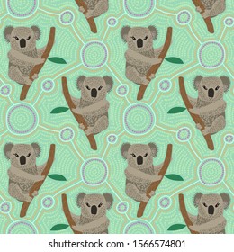 Seamless pattern of koala with ethnic ornament elements. Repetitive textile vector print, wallpaper design.