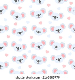 Seamless pattern koala face emotion. Cute koala bear head collection. Vector illustration isolated on white.
