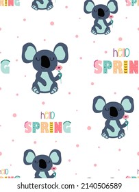 seamless pattern with koala and flower, cartoon background, floral ornament, flat style, vector illustration with cute and funny animal