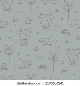 seamless pattern with koala in linear style. Safari coloring pattern. Childish pattern for fabric, wrapping, clothing, textile, wallpaper, pajamas, kids apparel, beddings. Vector