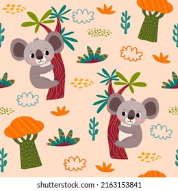 seamless pattern with koala and plants in a childish cartoon style. vector illustration. for children's textiles and decoration