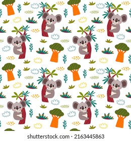 seamless pattern with koala and plants in a childish cartoon style. vector illustration. for children's textiles and decoration