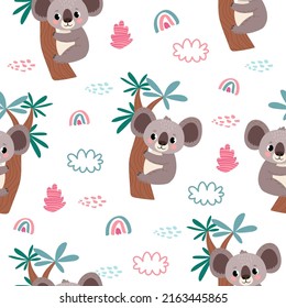 seamless pattern with koala and plants in a childish cartoon style. vector illustration. for children's textiles and decoration