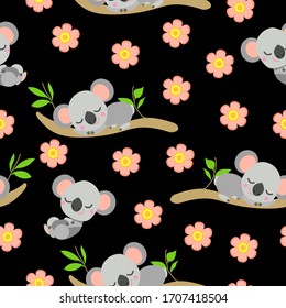 Seamless pattern with koala sleeping on eucalyptus branches and pink flowers. Black background. Flat cartoon style. Cute and funny. For postcards, textile, wallpaper, prints and wrapping paper