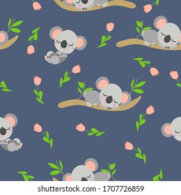 Seamless pattern with koala sleeping on eucalyptus branches and pink tulips. Blue gray background. Flat cartoon style. Cute and funny. For postcards, textile, wallpaper, prints and wrapping paper