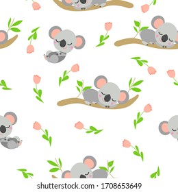 Nahtloses Muster mit Koala, die auf Eukalyptusästen und rosafarbenen Tulpen schläft. Weißer Hintergrund. Flacher Cartoon-Stil. Frisch und lustig. Für Postkarten, Textilien, Tapeten, Drucke und Packpapier
