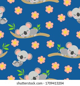 Seamless pattern with koala sleeping on eucalyptus branches and pink flowers. 
