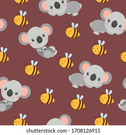 Seamless pattern with koala smiling and yellow bees. Brown background. Flat cartoon style. Cute and funny. For postcards, textile, wallpaper, prints and wrapping paper. For kids. Summer and spring