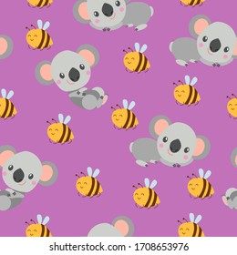 Seamless pattern with koala smiling and yellow bees. Peony pink background. Flat cartoon style. Cute and funny. For postcards, textile, wallpaper, prints and wrapping paper. Kids. Summer and spring