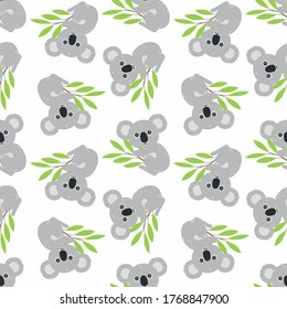 Seamless pattern with koalas and eucalyptus leaves. Vector illustration