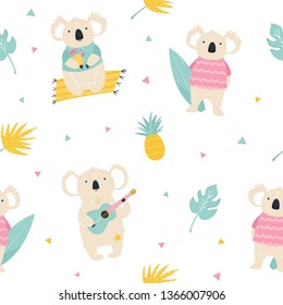 Seamless pattern with koalas, hawaiian summer elements. For gift boxes, textures, apparels, prints