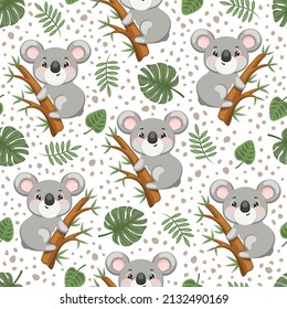 Seamless pattern with koalas and tropical leaves. Vector nature background.