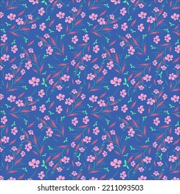 Seamless pattern of Kobi, pearly purple, medium spring green color flowers , leaves and vines on denim  background. textile floral pattern, fabric print, wallpaper, wall art etc.